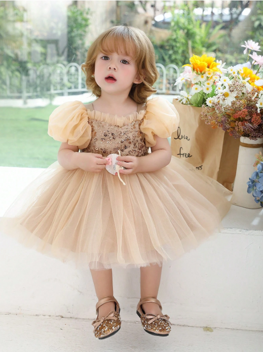 Champagne Puff Sleeve Sequin Mesh Elegant Princess Dress