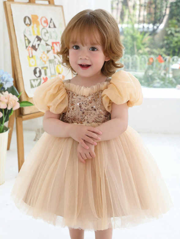 Champagne Puff Sleeve Sequin Mesh Elegant Princess Dress
