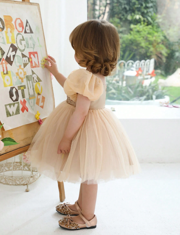 Champagne Puff Sleeve Sequin Mesh Elegant Princess Dress
