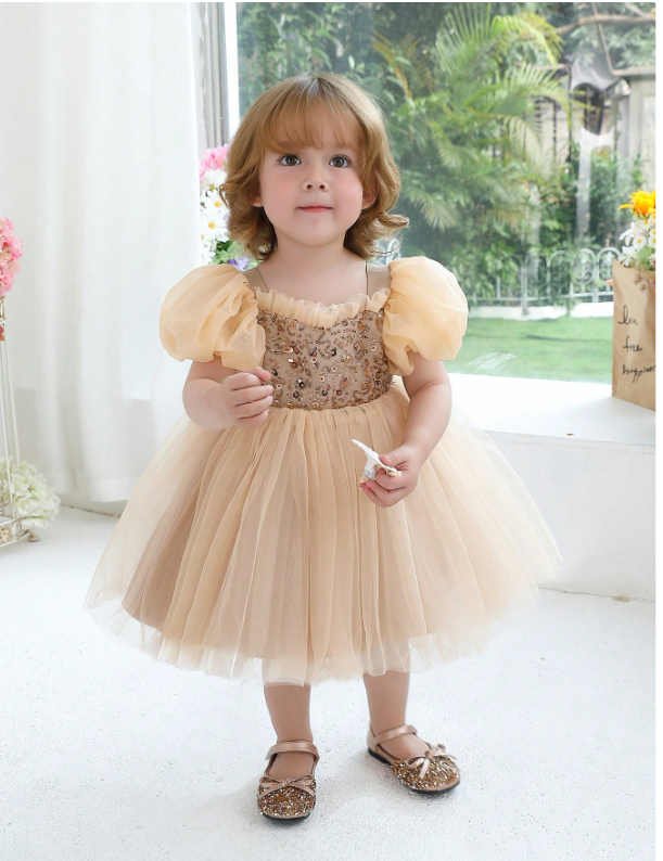 Champagne Puff Sleeve Sequin Mesh Elegant Princess Dress