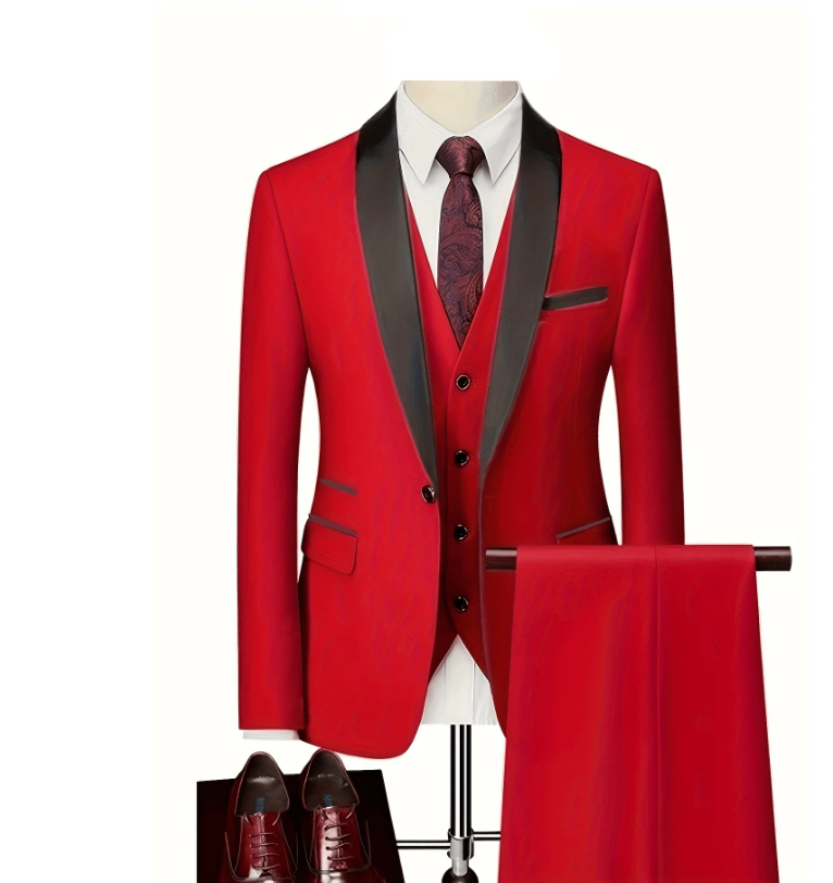 Men Slim 3 Pieces Tuxedo Prom Suit Red