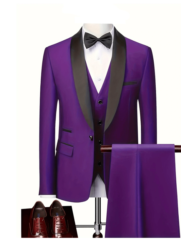 Men Slim 3 Pieces Tuxedo Prom Suit Purple