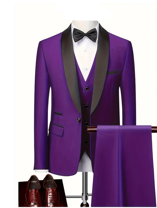 Men Slim 3 Pieces Tuxedo Prom Suit Purple