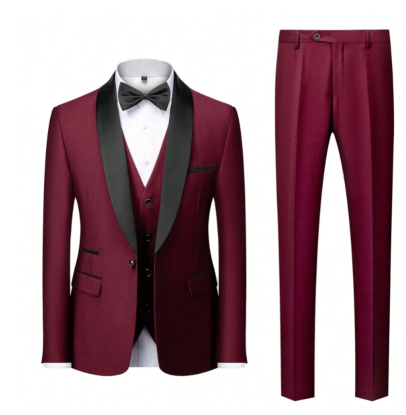 Men Slim 3 Pieces Tuxedo Prom Suit Burgundy