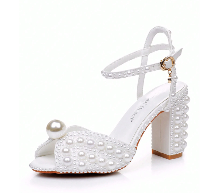 9cm Chunky Heel Faux Pearl Hollow Peep Toe High Heel Sandals White