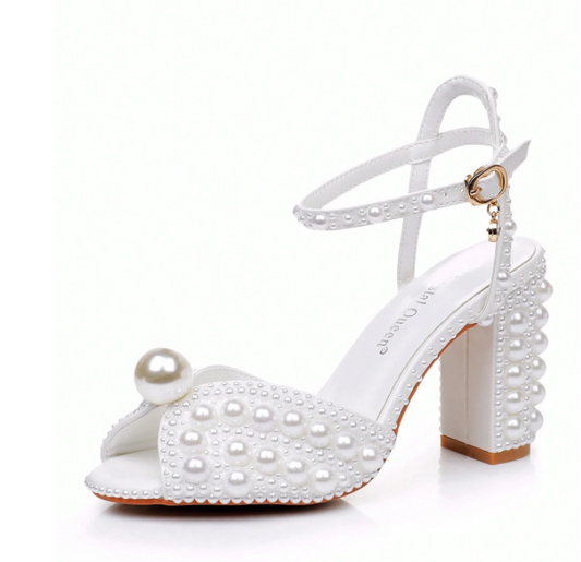9cm Chunky Heel Faux Pearl Hollow Peep Toe High Heel Sandals White