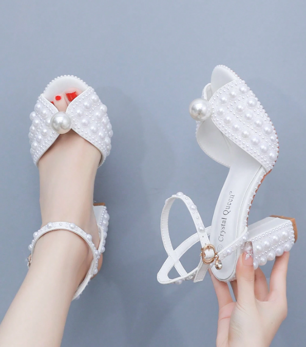 9cm Chunky Heel Faux Pearl Hollow Peep Toe High Heel Sandals White