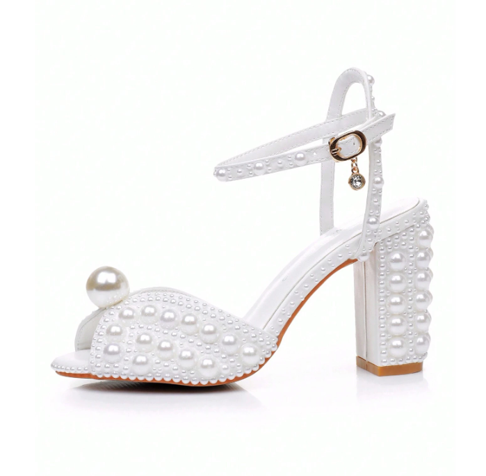 9cm Chunky Heel Faux Pearl Hollow Peep Toe High Heel Sandals White