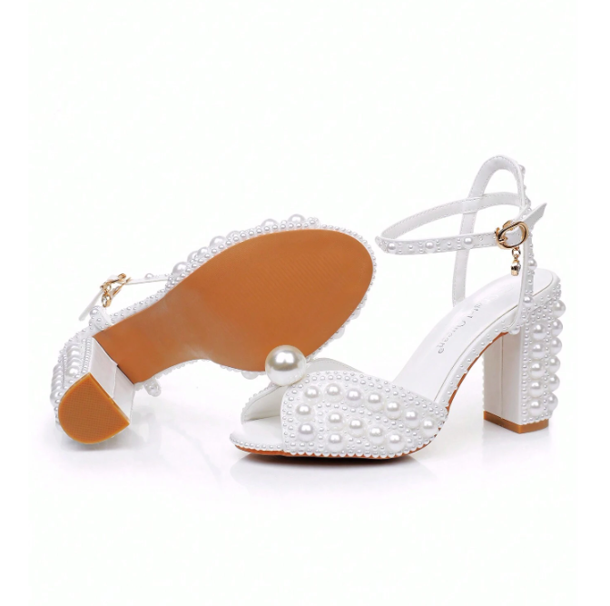 9cm Chunky Heel Faux Pearl Hollow Peep Toe High Heel Sandals White