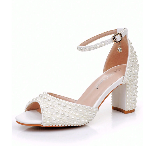7.5cm Chunky Heel Faux Pearl Hollow Peep Toe Wedding Sandals Beige