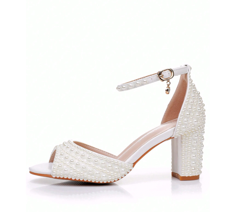 7.5cm Chunky Heel Faux Pearl Hollow Peep Toe Wedding Sandals Beige