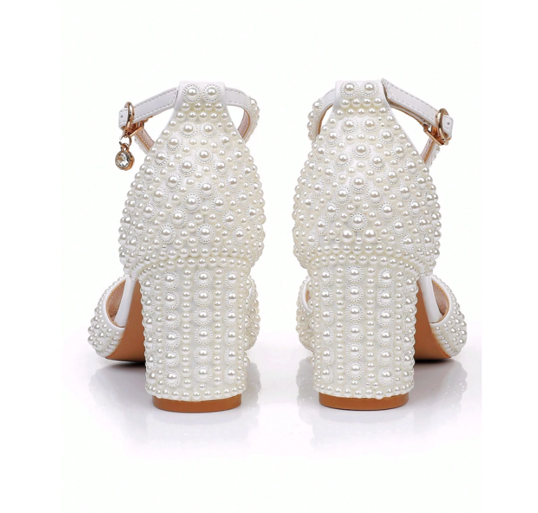 7.5cm Chunky Heel Faux Pearl Hollow Peep Toe Wedding Sandals Beige