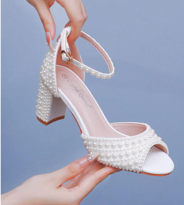7.5cm Chunky Heel Faux Pearl Hollow Peep Toe Wedding Sandals Beige