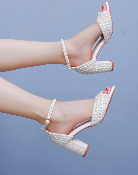 7.5cm Chunky Heel Faux Pearl Hollow Peep Toe Wedding Sandals Beige