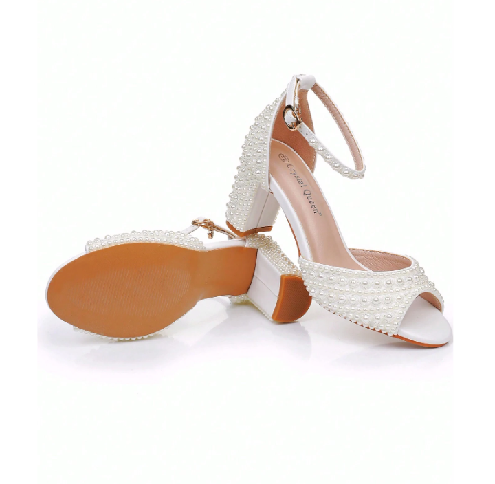 7.5cm Chunky Heel Faux Pearl Hollow Peep Toe Wedding Sandals Beige