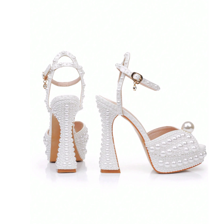 13cm Square Toe White Wedding Bridal Shoes
