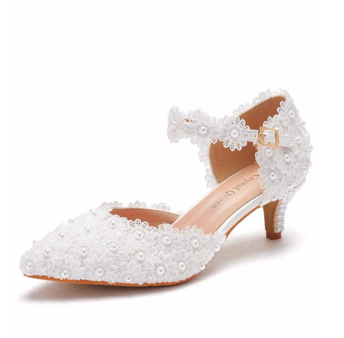 5cm White Lace Low Heel Wedding Sandals