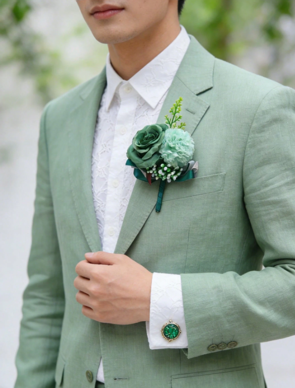 Chrysanthemum & Rose Corsage Pin Green