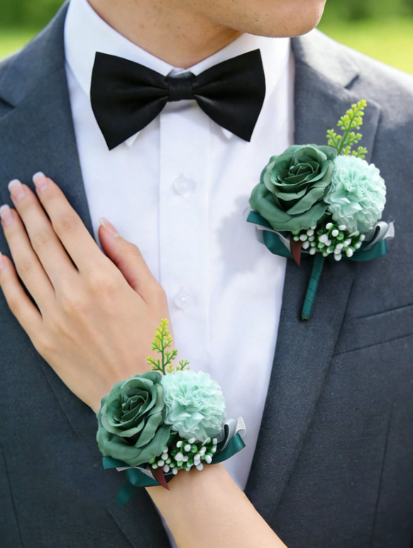Chrysanthemum & Rose Corsage Pin Green