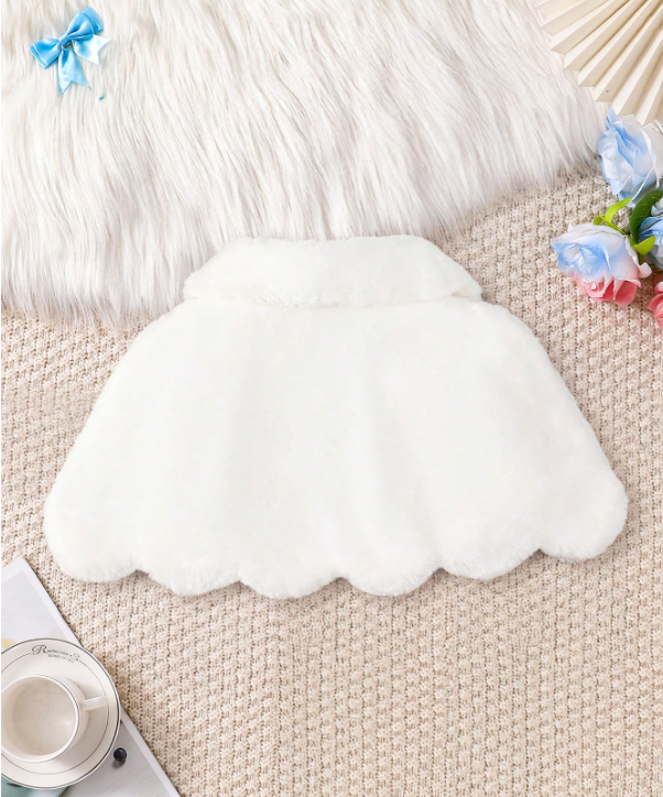 Girls White Short Faux Fur Collar Ruffled Hem Coat-let