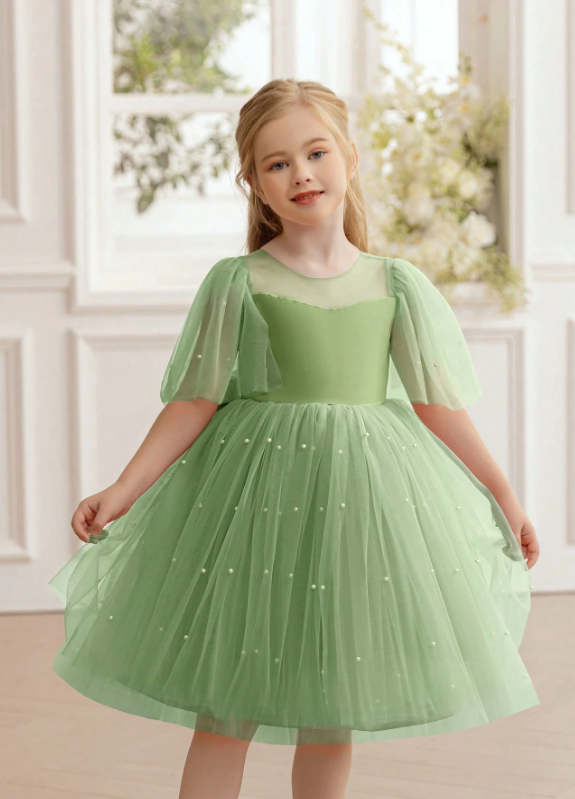 Mesh Sleeve Bow Party Dress Bean Green