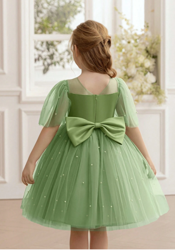Mesh Sleeve Bow Party Dress Bean Green