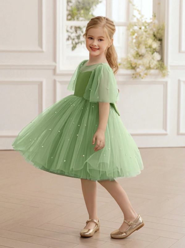 Mesh Sleeve Bow Party Dress Bean Green
