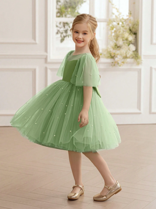 Mesh Sleeve Bow Party Dress Bean Green