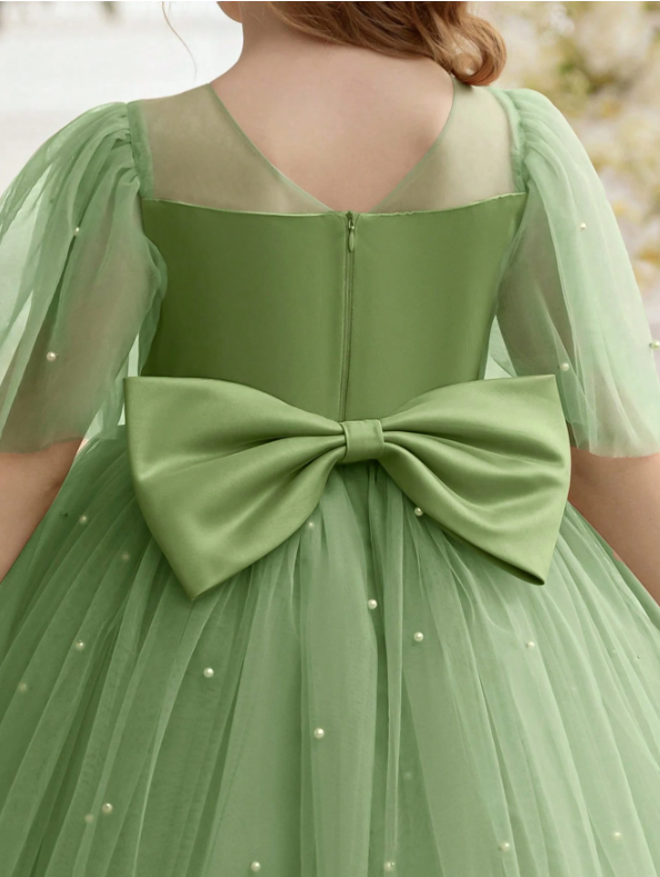 Mesh Sleeve Bow Party Dress Bean Green