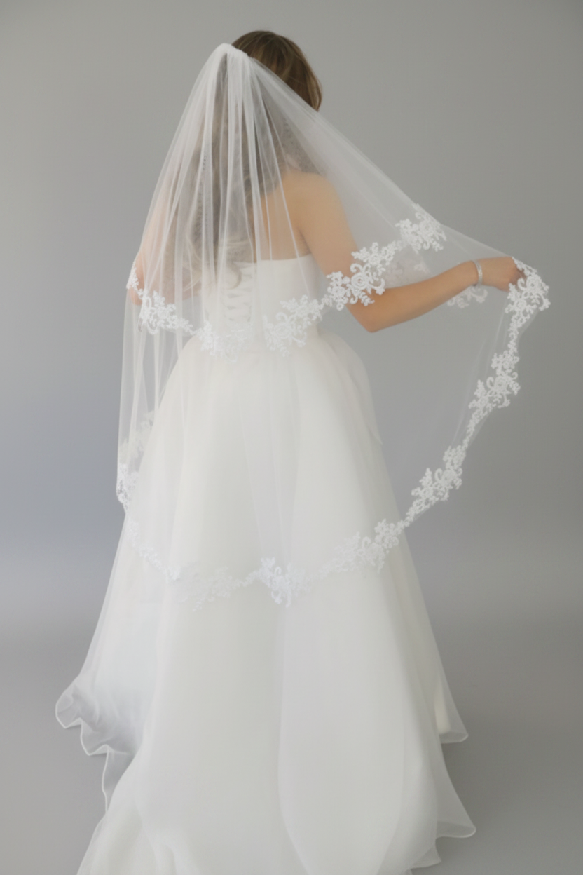 White Lace Cathedral Veil With Elegant Double Layer