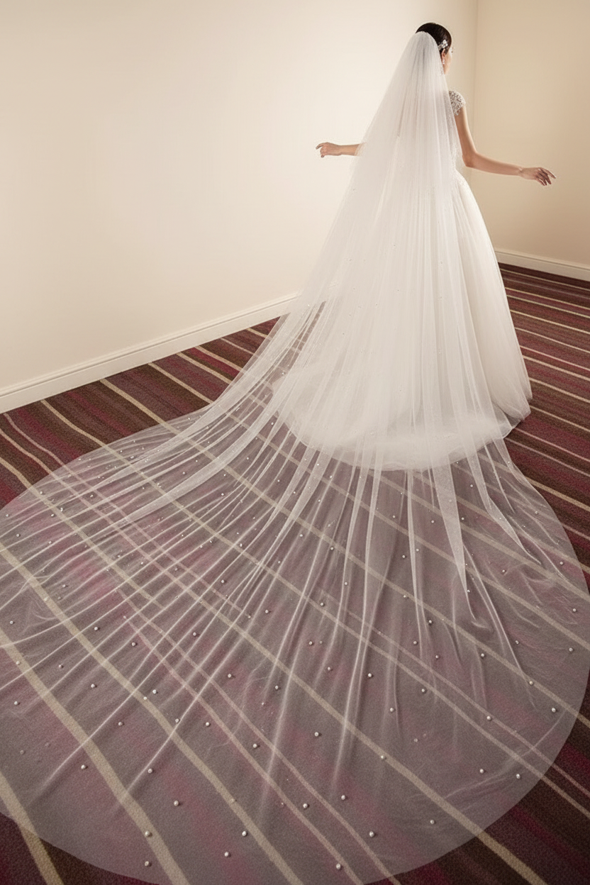Double layered Faux Pearl Bridal Veil Hair with Comb