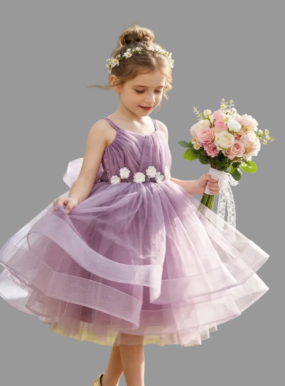 3D Floral Purple Mesh Elegant Princess Dress