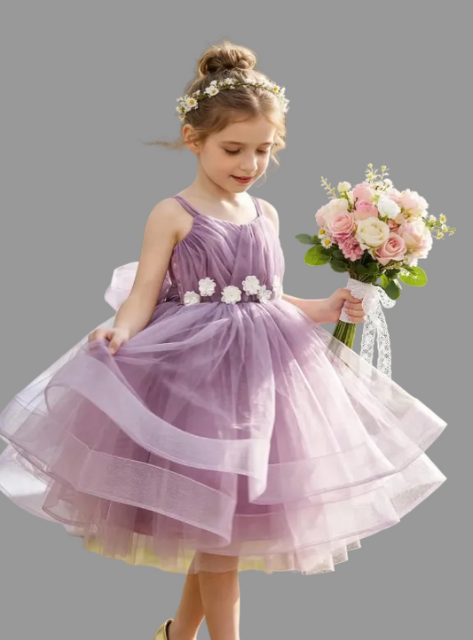 3D Floral Purple Mesh Elegant Princess Dress