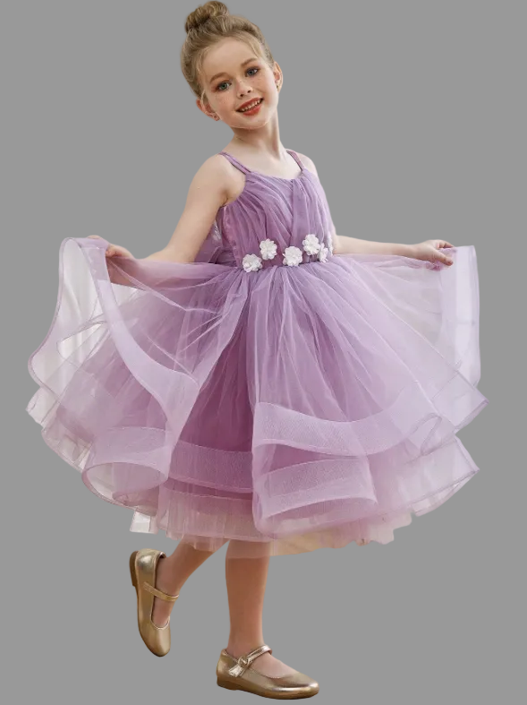 3D Floral Purple Mesh Elegant Princess Dress