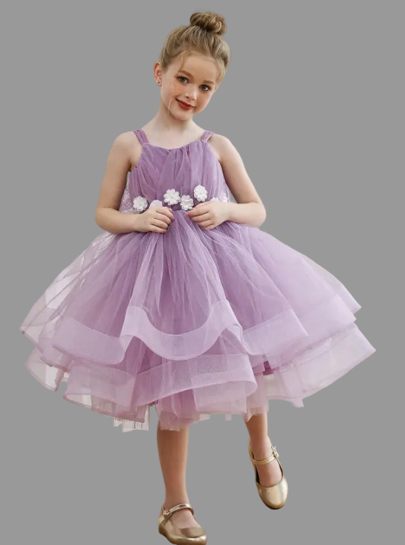 3D Floral Purple Mesh Elegant Princess Dress