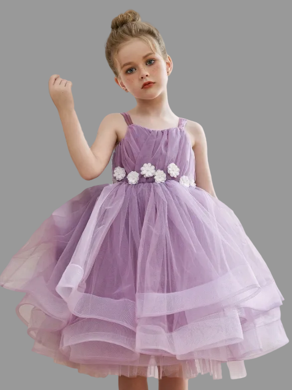 3D Floral Purple Mesh Elegant Princess Dress