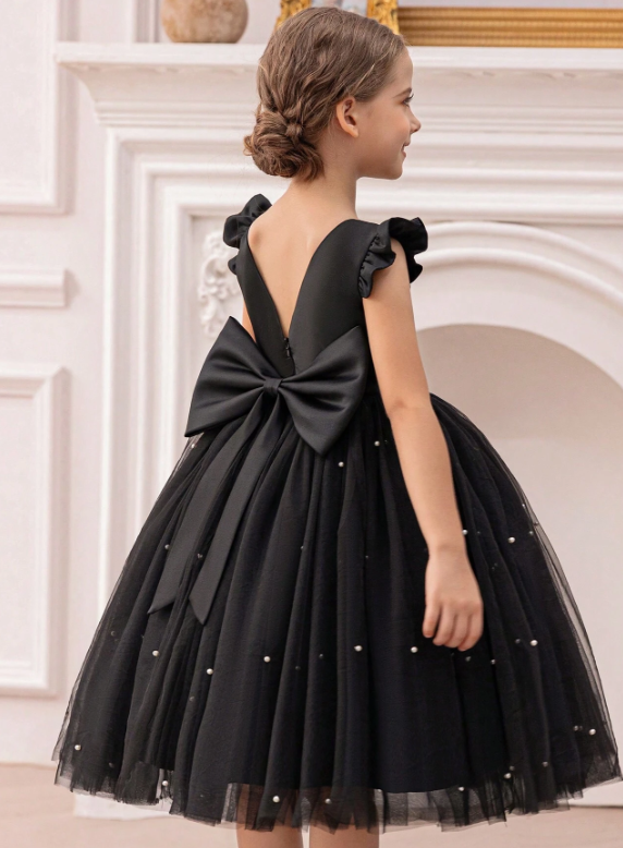 Black Cap Sleeve Mesh Elegant Christmas Princess Dress