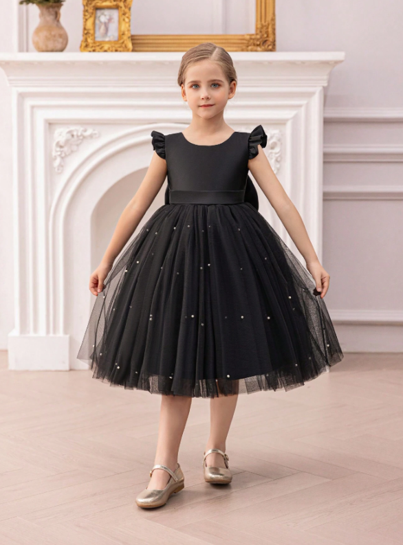 Black Cap Sleeve Mesh Elegant Christmas Princess Dress
