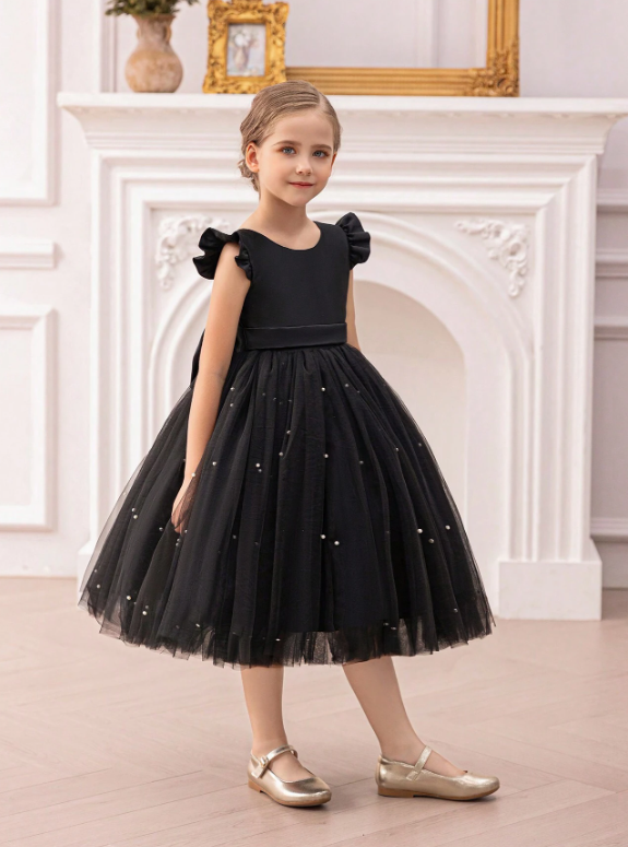 Black Cap Sleeve Mesh Elegant Christmas Princess Dress
