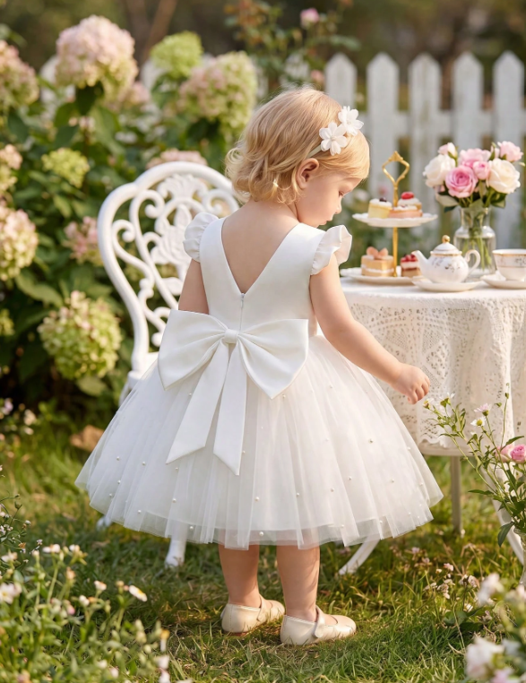 Girls Cap Sleeve Bow Tie Tulle White Dress