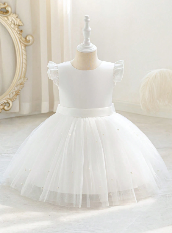 Girls Cap Sleeve Bow Tie Tulle White Dress