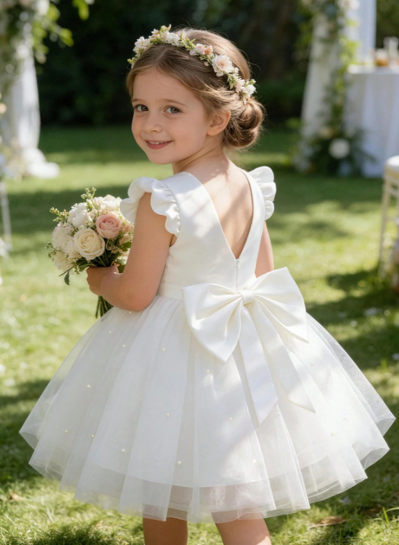 Girls Cap Sleeve Bow Tie Tulle White Dress