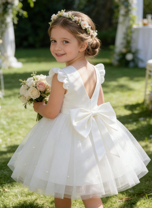 Girls Cap Sleeve Bow Tie Tulle White Dress