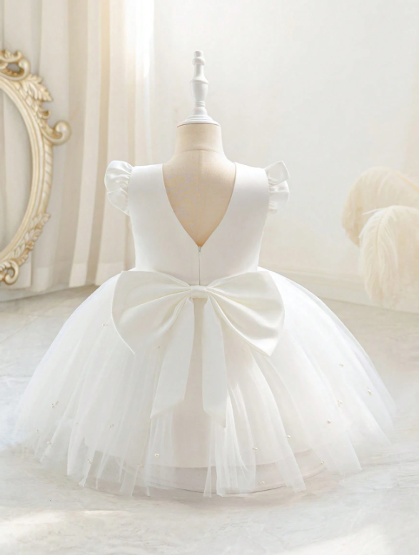 Girls Cap Sleeve Bow Tie Tulle White Dress