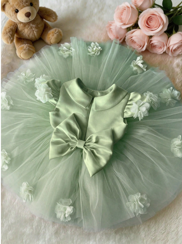 Bean Green 3D Floral Bow Princess Dress
