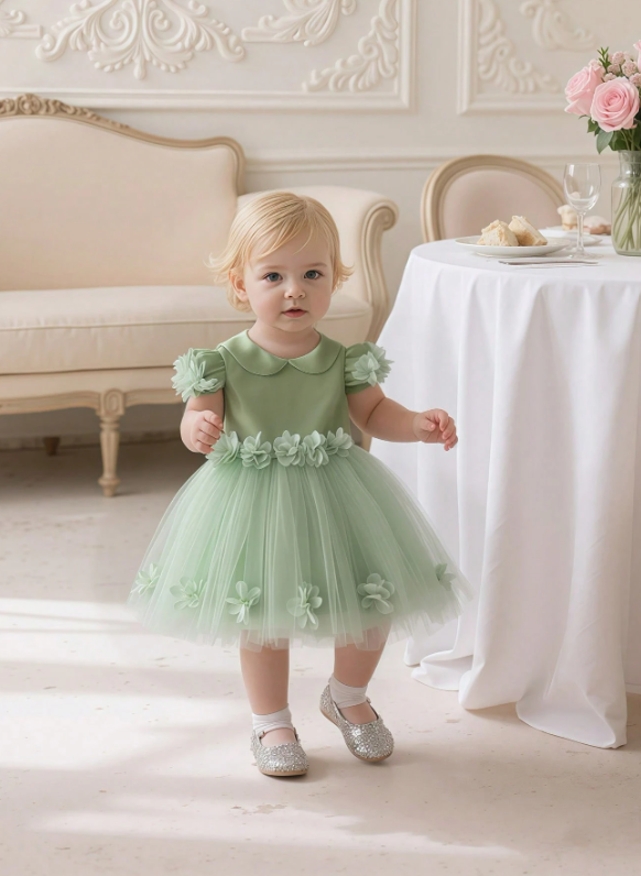 Bean Green 3D Floral Bow Princess Dress
