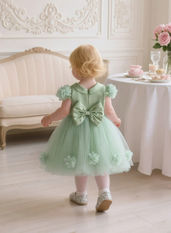 Bean Green 3D Floral Bow Princess Dress