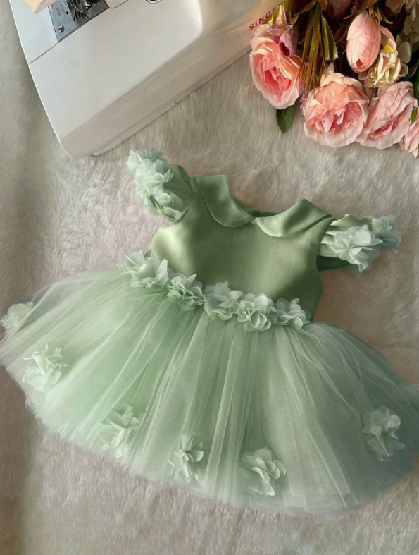 Bean Green 3D Floral Bow Princess Dress