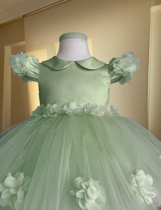 Bean Green 3D Floral Bow Princess Dress