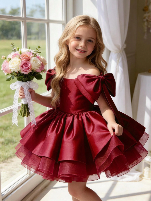 Burgundy Bow Tulle Christmas Party Elegant Dress